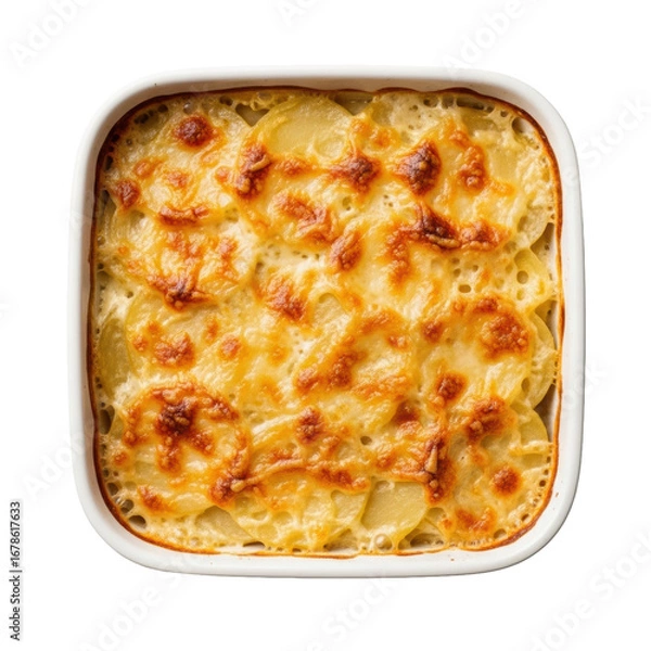 Obraz Close-up flat lay of golden-brown scalloped potatoes (gratin dauphinois) in a white baking dish on a transparent background, soft overhead light highlighting bubbly cheese, concept of culinary