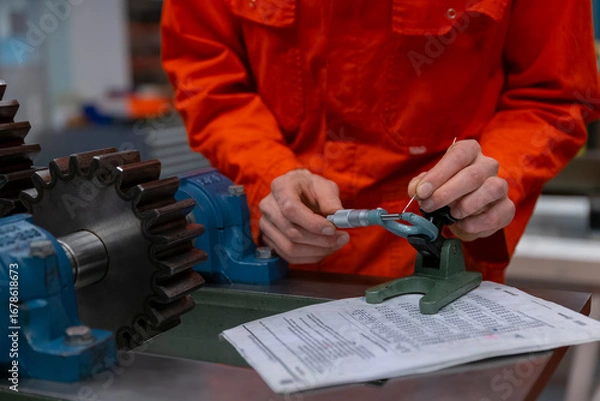 Fototapeta Technician using precision measuring instruments on metal component for quality assurance