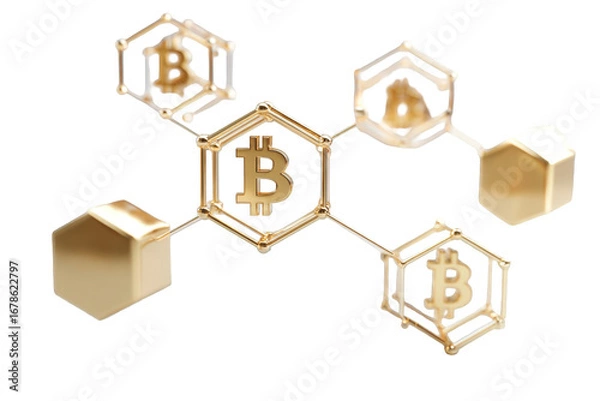 Fototapeta Gold Bitcoin Hexagonal Molecular Structure
