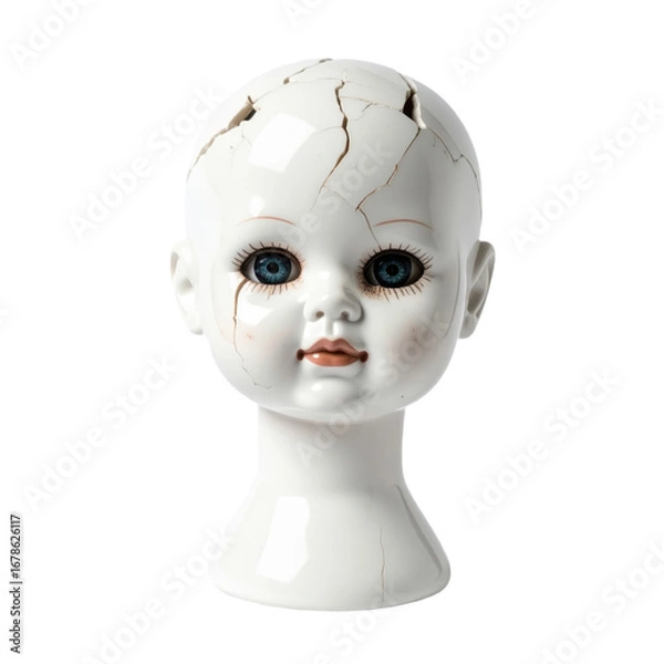 Fototapeta A porcelain doll head with blue eyes, visible cracks on the forehead and cheek, and a glossy white finish, Perfect for Halloween decorations and spooky design projects.