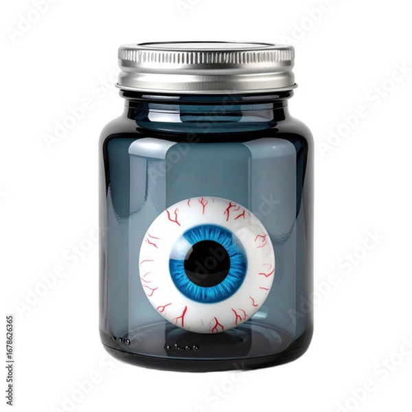 Fototapeta A human eye with a blue iris and red veins displayed inside a glass jar with a silver lid. Great for eerie Halloween posters and festive layouts.