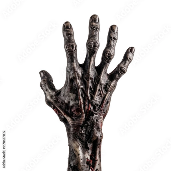 Fototapeta A close up of a decayed, grotesque human hand with visible wounds and cracks, set against a transparent background. Ideal for Halloween party invitations and seasonal graphics.