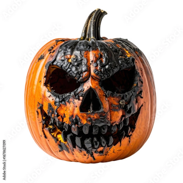 Fototapeta A charred pumpkin with a menacing skull face, showcasing blackened, burnt patterns and jagged teeth, isolated on a transparent background, Suitable for spooky Halloween themes and holiday crafts.