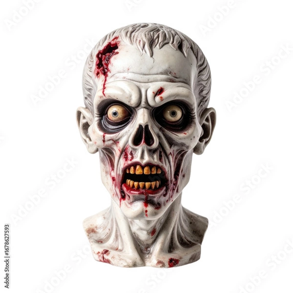 Fototapeta A detailed, horror styled statue with a grotesque face, showing exposed teeth and blood like details, against a transparent background. Ideal for Halloween party invitations and seasonal graphics.
