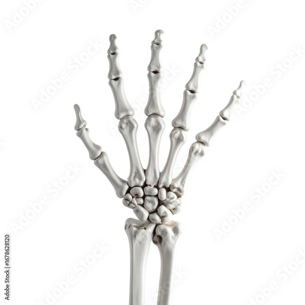Fototapeta A detailed image of a human hand skeleton with extended fingers, showing the metacarpals, phalanges, and wrist bones against a transparent background. Suitable for spooky Halloween themes and holid.