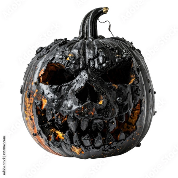 Fototapeta A charred black pumpkin with a menacing face, featuring jagged teeth and hollow eyes, on a transparent background. Ideal for Halloween party invitations and seasonal graphics.