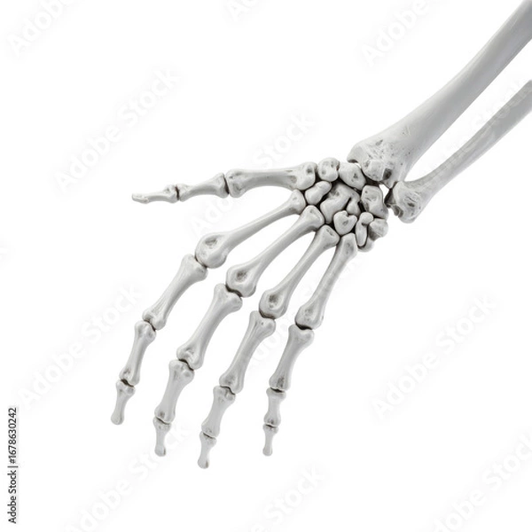 Fototapeta A detailed X ray image of a human hand showing bones including the phalanges, metacarpals, and wrist bones. Suitable for spooky Halloween themes and holiday crafts.