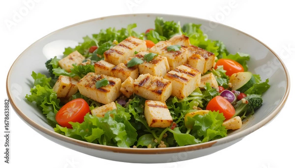 Fototapeta Fresh Vegetables salad with grilled tofu isolated  on white and transparant background 