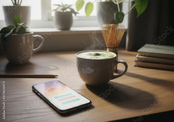 Fototapeta Cozy workspace with matcha and phone