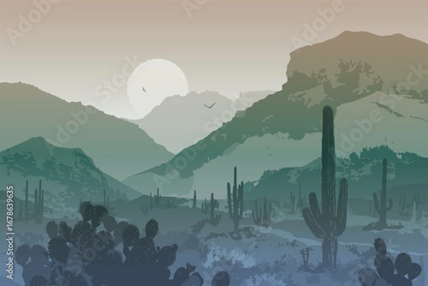 Obraz Vector illustration. Landscape with desert, cacti and mountains	