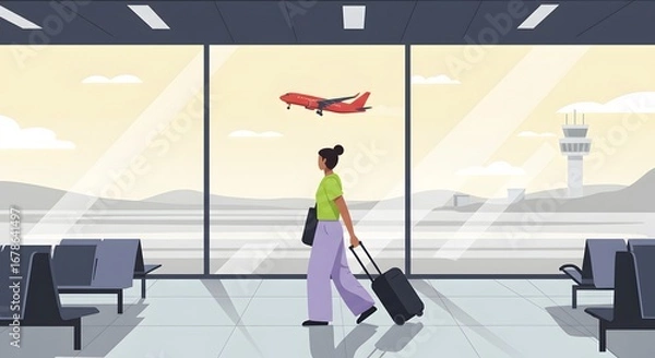 Fototapeta Traveler Walking with Luggage in Airport Terminal Watching Airplane Take Off at Runway