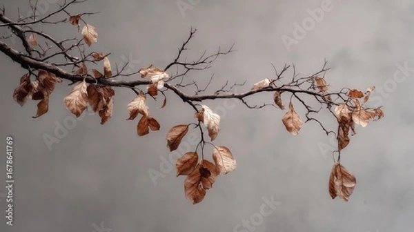 Fototapeta Cracked Branch With Dried Leaves Against a Gray Background