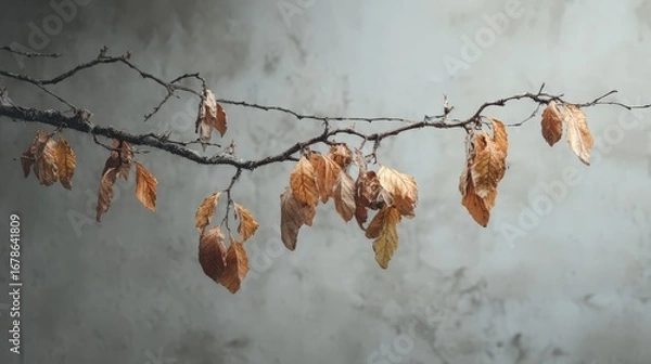 Fototapeta Thick Cracking Branch With Drying Leaves Against Gray Background