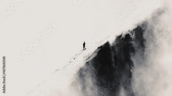 Fototapeta Small Figure Ascends a Towering Mountain in Minimalist Ink Wash Style