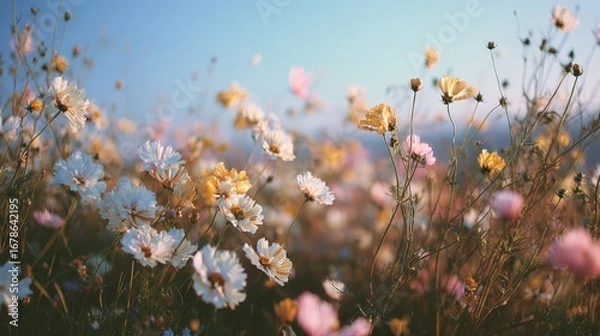 Fototapeta Spring Meadow Filled With Wildflowers Swaying in Gentle Breeze