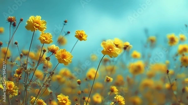 Fototapeta Wide Field of Dreamy Yellow Flowers Under a Soft Blue Sky