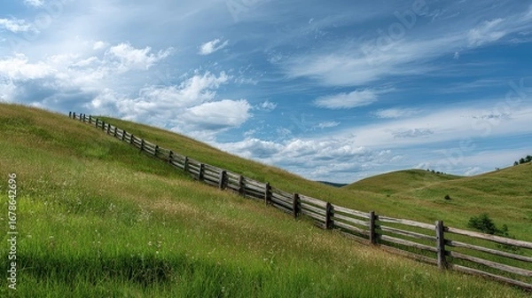 Fototapeta Gentle Green Hills With Wooden Fence Under a Bright Blue Sky