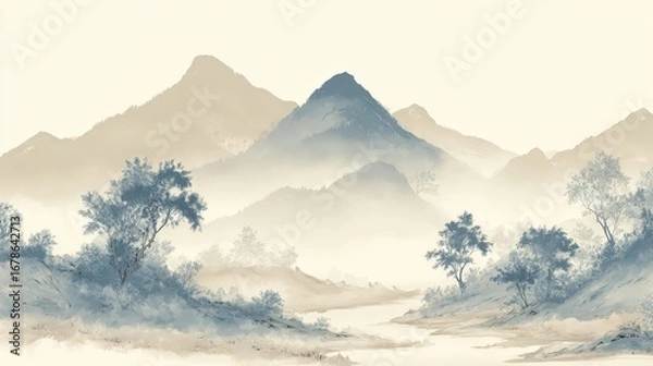 Fototapeta Tranquil Landscape in Soft Ink Painting Style With Misty Mountains