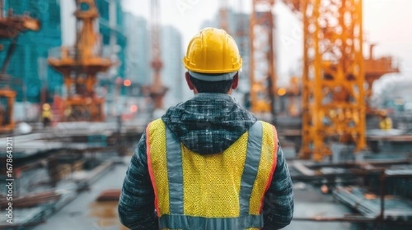 Fototapeta Construction worker, back view, focused on a city site