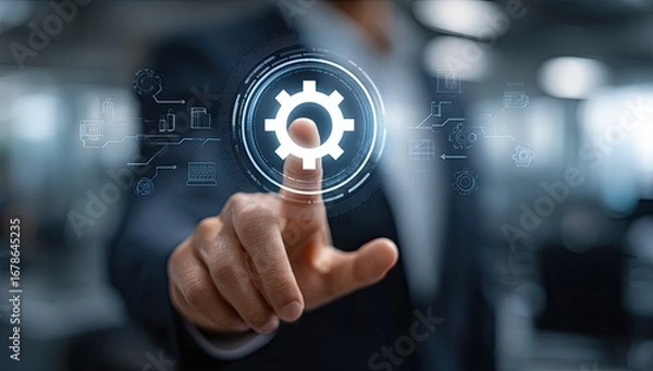 Fototapeta Businessperson's finger touching a glowing gear icon on a digital interface