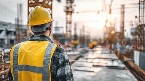 Obraz Construction worker looks out over a large construction site