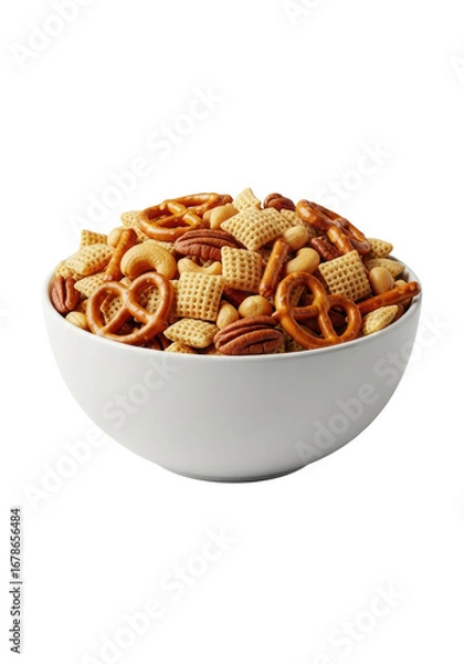 Obraz Crisp white ceramic bowl of Chex Mix with corn, wheat Chex, pretzels, peanuts, cashews, pecans, isolated on transparent background, concept of delicious snack satisfaction