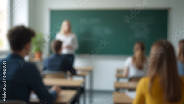 Fototapeta A blurry image from the back of an elementary school classroom shows students facing forward, while a teacher stands near a whiteboard teaching.