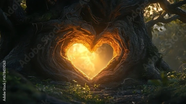 Fototapeta Heart-shaped Tree Opening with Glowing Light in Forest Landscape