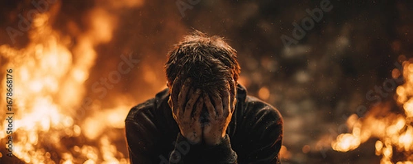 Fototapeta Emotions clash in chaos as a person grapples with despair amid raging flames and dark surroundings in a moment of crisis
