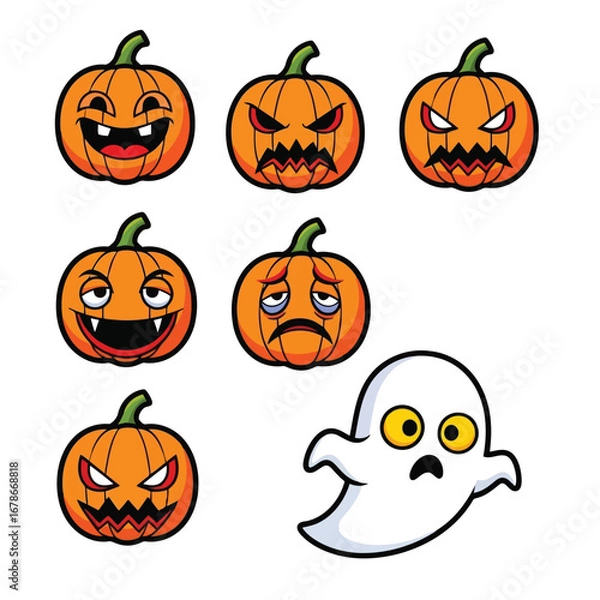 Fototapeta Vector illustration of a collection of cartoon halloween pumpkins with different facial expressions and a friendly ghost