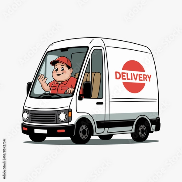 Fototapeta A cheerful delivery driver in a red cap and uniform waves from the driver's seat of a white delivery van with a red circle logo that says "DELIVERY".
