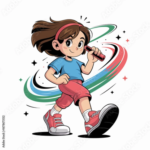 Fototapeta A cheerful girl walking with a marker, full of energy and enthusiasm.