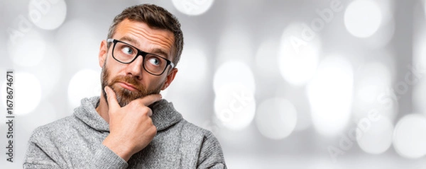 Fototapeta Thoughtful man pondering ideas with a contemplative expression in a cozy gray sweater