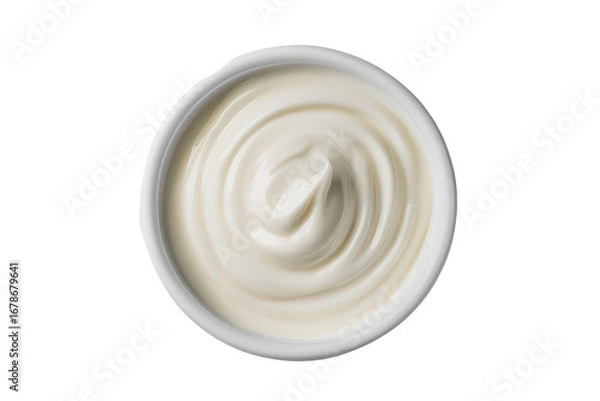 Fototapeta Top view of a bowl of creamy white yogurt isolated on transparent background. Close-up view of smooth creamy mayonnaise in a white bowl isolated on white background.