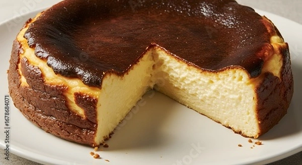 Fototapeta Burnt Basque Cheesecake with Dark Brown Crust on Round Plate