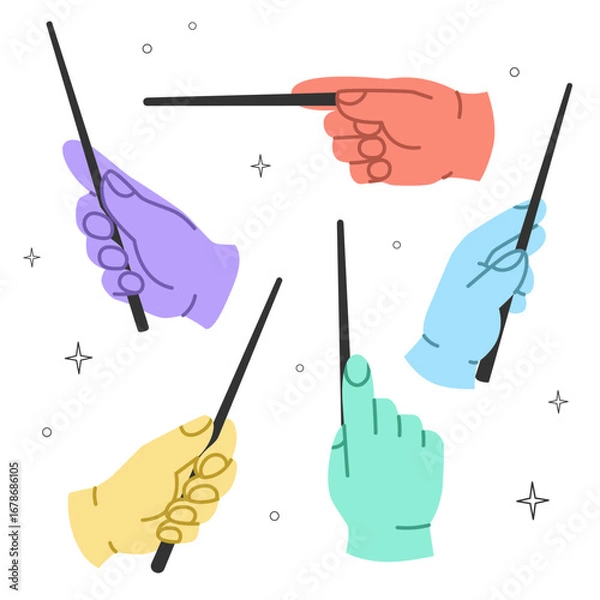 Obraz Set of hands with magic wands. Witchcraft, illusionist tool, mystical symbol, magic attribute of a wizard. Collection of character hands with a wand for magic, sorcery, witchcraft, tricks, shows