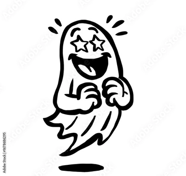 Obraz A black and white line drawing of a happy ghost with starry eyes.