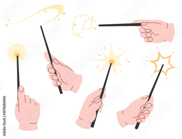 Obraz Set of hands holding magic wands. Witchcrafts with sparkling golden spells escaping. Character hands with a wand for magic, sorcery, witchcraft, tricks, shows, performances, carnivals