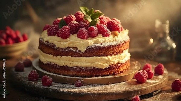 Fototapeta Raspberries on Cream Cake with Soft Light and Rustic Background