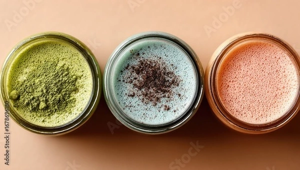 Fototapeta Three colorful, smooth drinks in glass jars