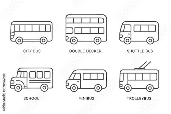 Fototapeta Various types of buses: city, double decker, shuttle, school, minibus, trolleybus diagrams