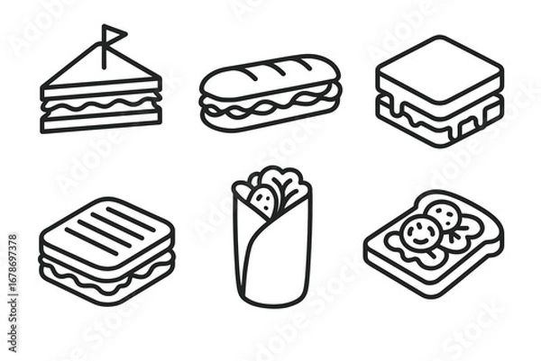 Fototapeta Outline icons of sandwiches, wrap, and toast with linear style