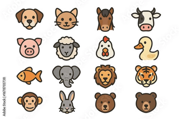 Fototapeta Cute animal face icons set with dog, cat, horse, cow, pig, sheep, chicken, duck, fish, elephant, lion, tiger, monkey, rabbit, bear