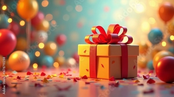 Obraz Festive surprise gift box with red ribbon and balloons birthday celebration