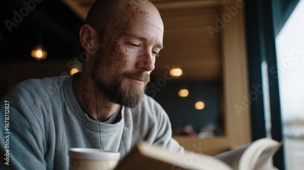 Fototapeta Man with freckles reading book in cafe