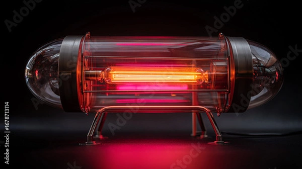 Fototapeta Lampada a infrarossi riscaldatore industriale in vetro con luce tubolare rossa su sfondo nero; prodotto hi-tech per laboratorio, processi termici, energia e test.