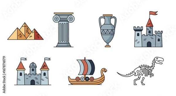 Fototapeta A Collection Of Illustrated Ancient Elements, Including Pyramids, Columns, Amphora, Castles, Viking Ship, And Dinosaur Skeleton, Capturing History And Archaeology.