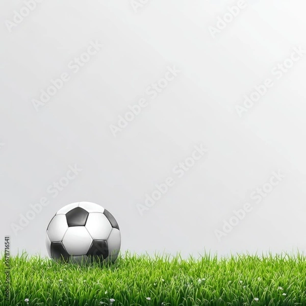 Fototapeta A classic black and white soccer ball rests on a patch of vibrant green grass against a muted grey backdrop, leaving ample copy space