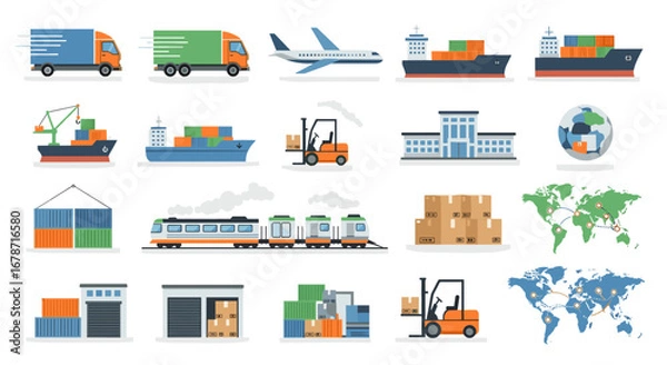 Fototapeta A Comprehensive Illustration Of Logistics And Transportation, Showcasing Various Modes Of Global Freight Movement, Including Air, Sea, And Land Transport, Emphasizing Worldwide Shipping And