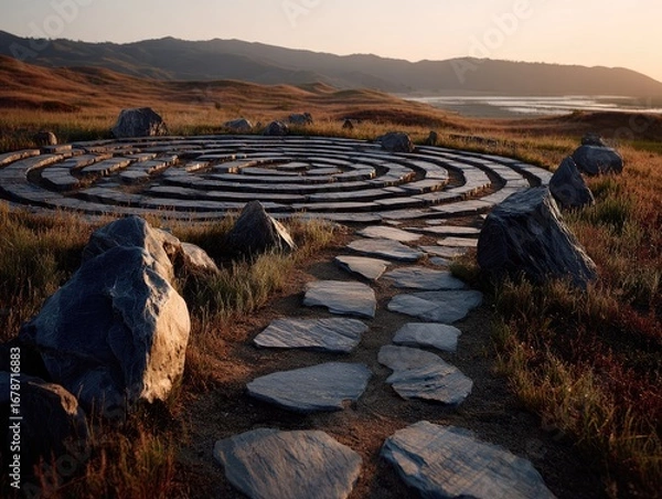 Fototapeta Spiral stone path in a meadow, mountain backdrop